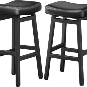Counter Height Bar Stools Set of 2, 24 Inch Barstools for Kitchen Counter, Kitchen Stools with Bonded Leather Saddle Seats & Heavy Duty Metal Legs, Easy Assembly, All Black