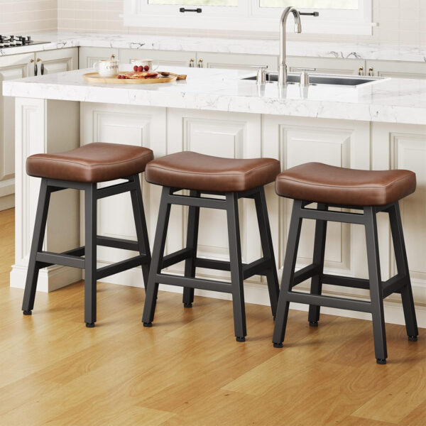 Counter Height Bar Stools Set of 2, 24 Inch Barstools for Kitchen Counter, Kitchen Stools with Bonded Leather Saddle Seats & Heavy Duty Metal Legs, Easy Assembly, All Black