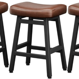 Counter Height Bar Stools Set of 2, 24 Inch Barstools for Kitchen Counter, Kitchen Stools with Bonded Leather Saddle Seats & Heavy Duty Metal Legs, Easy Assembly, All Black