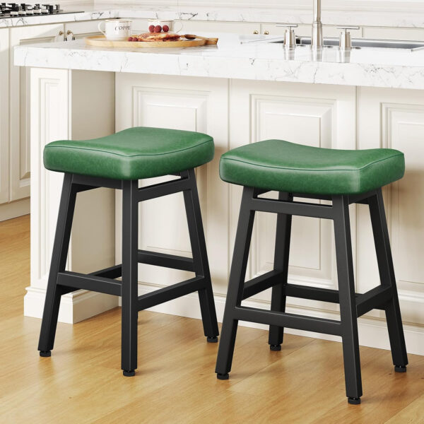 Counter Height Bar Stools Set of 2, 24 Inch Barstools for Kitchen Counter, Kitchen Stools with Bonded Leather Saddle Seats & Heavy Duty Metal Legs, Easy Assembly, All Black