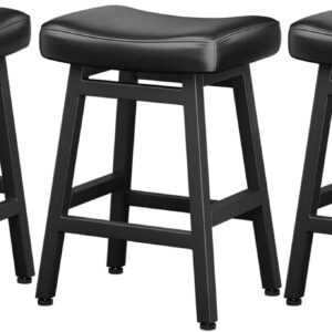 Counter Height Bar Stools Set of 2, 24 Inch Barstools for Kitchen Counter, Kitchen Stools with Bonded Leather Saddle Seats & Heavy Duty Metal Legs, Easy Assembly, All Black