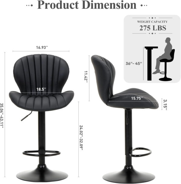 COLAMY Bar Stools Set of 2, Modern Swivel Bar Chairs, Adjustable Faux Leather Upholstered Barstools Counter Height with High Backrest for Bar, Kitchen Island, Dining Room, Black