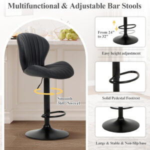 COLAMY Bar Stools Set of 2, Modern Swivel Bar Chairs, Adjustable Faux Leather Upholstered Barstools Counter Height with High Backrest for Bar, Kitchen Island, Dining Room, Black
