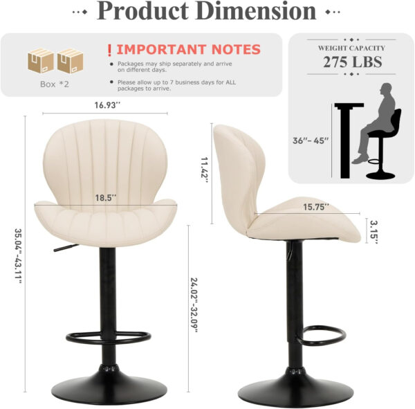 COLAMY Bar Stools Set of 2, Modern Swivel Bar Chairs, Adjustable Faux Leather Upholstered Barstools Counter Height with High Backrest for Bar, Kitchen Island, Dining Room, Black