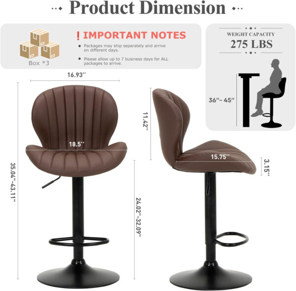 COLAMY Bar Stools Set of 2, Modern Swivel Bar Chairs, Adjustable Faux Leather Upholstered Barstools Counter Height with High Backrest for Bar, Kitchen Island, Dining Room, Black