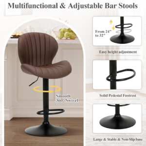 COLAMY Bar Stools Set of 2, Modern Swivel Bar Chairs, Adjustable Faux Leather Upholstered Barstools Counter Height with High Backrest for Bar, Kitchen Island, Dining Room, Black