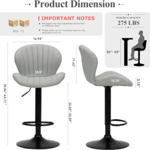 COLAMY Bar Stools Set of 2, Modern Swivel Bar Chairs, Adjustable Faux Leather Upholstered Barstools Counter Height with High Backrest for Bar, Kitchen Island, Dining Room, Black