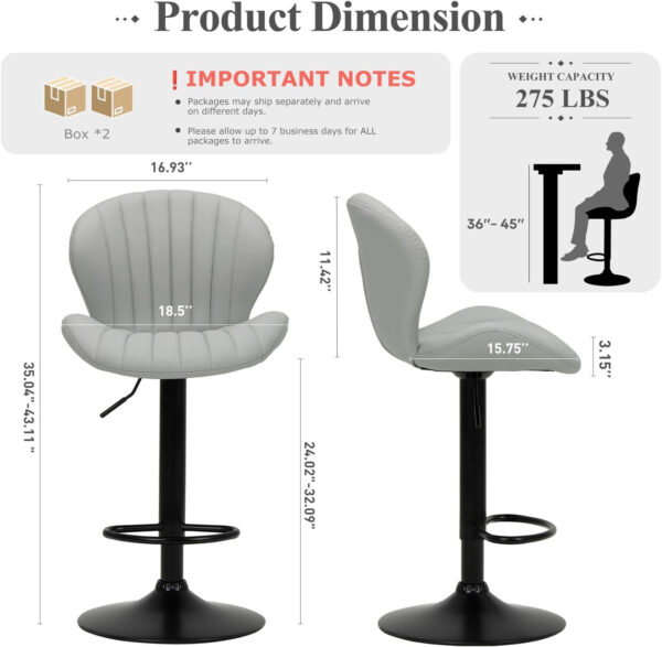 COLAMY Bar Stools Set of 2, Modern Swivel Bar Chairs, Adjustable Faux Leather Upholstered Barstools Counter Height with High Backrest for Bar, Kitchen Island, Dining Room, Black