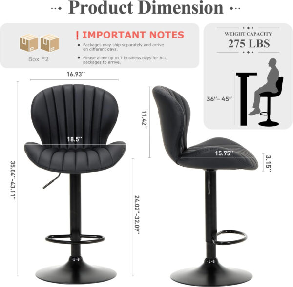 COLAMY Bar Stools Set of 2, Modern Swivel Bar Chairs, Adjustable Faux Leather Upholstered Barstools Counter Height with High Backrest for Bar, Kitchen Island, Dining Room, Black
