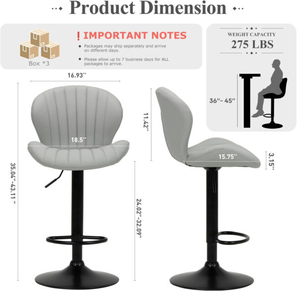 COLAMY Bar Stools Set of 2, Modern Swivel Bar Chairs, Adjustable Faux Leather Upholstered Barstools Counter Height with High Backrest for Bar, Kitchen Island, Dining Room, Black