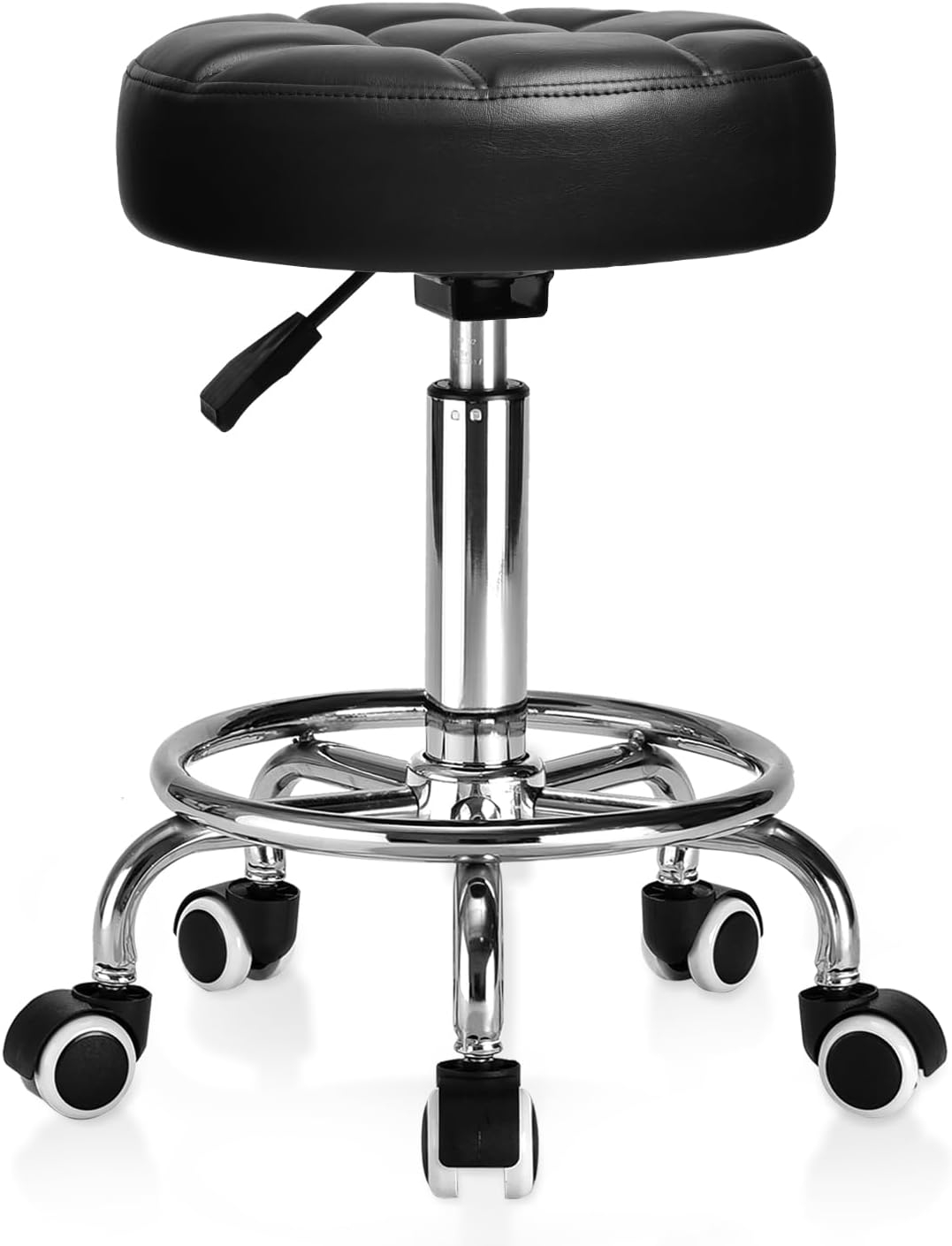 Rolling Stool PU Leather Round - Ultra Soft Padded Seat Cushion Stool with Wheels with Footrest, Weight Capacity 300lb,Adjustable Height Stool for Tattoo Massage Salon Medical Spa Center (Black1)