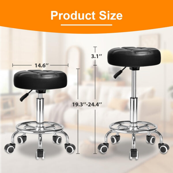 Rolling Stool PU Leather Round - Ultra Soft Padded Seat Cushion Stool with Wheels with Footrest, Weight Capacity 300lb,Adjustable Height Stool for Tattoo Massage Salon Medical Spa Center (Black1)
