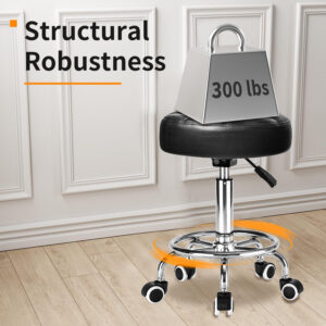 Rolling Stool PU Leather Round - Ultra Soft Padded Seat Cushion Stool with Wheels with Footrest, Weight Capacity 300lb,Adjustable Height Stool for Tattoo Massage Salon Medical Spa Center (Black1)