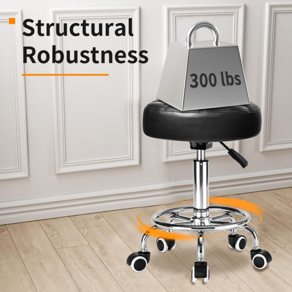 Rolling Stool PU Leather Round - Ultra Soft Padded Seat Cushion Stool with Wheels with Footrest, Weight Capacity 300lb,Adjustable Height Stool for Tattoo Massage Salon Medical Spa Center (Black1)