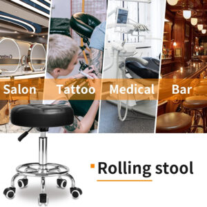 Rolling Stool PU Leather Round - Ultra Soft Padded Seat Cushion Stool with Wheels with Footrest, Weight Capacity 300lb,Adjustable Height Stool for Tattoo Massage Salon Medical Spa Center (Black1)