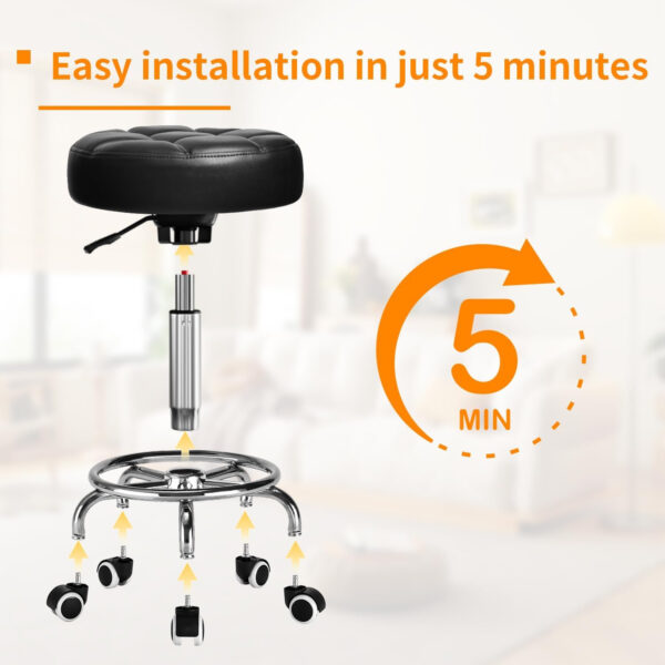 Rolling Stool PU Leather Round - Ultra Soft Padded Seat Cushion Stool with Wheels with Footrest, Weight Capacity 300lb,Adjustable Height Stool for Tattoo Massage Salon Medical Spa Center (Black1)