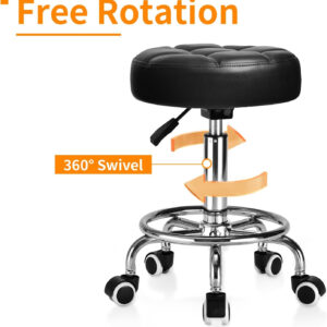 Rolling Stool PU Leather Round - Ultra Soft Padded Seat Cushion Stool with Wheels with Footrest, Weight Capacity 300lb,Adjustable Height Stool for Tattoo Massage Salon Medical Spa Center (Black1)