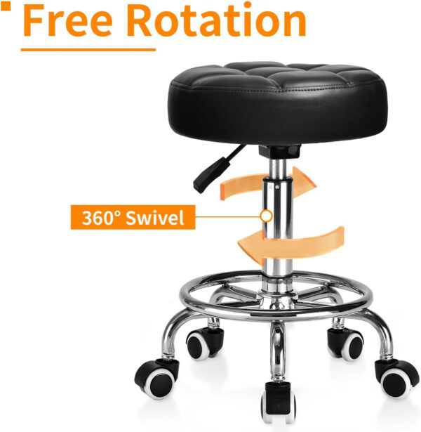 Rolling Stool PU Leather Round - Ultra Soft Padded Seat Cushion Stool with Wheels with Footrest, Weight Capacity 300lb,Adjustable Height Stool for Tattoo Massage Salon Medical Spa Center (Black1)