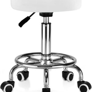 Rolling Stool PU Leather Round - Ultra Soft Padded Seat Cushion Stool with Wheels with Footrest, Weight Capacity 300lb,Adjustable Height Stool for Tattoo Massage Salon Medical Spa Center (Black1)