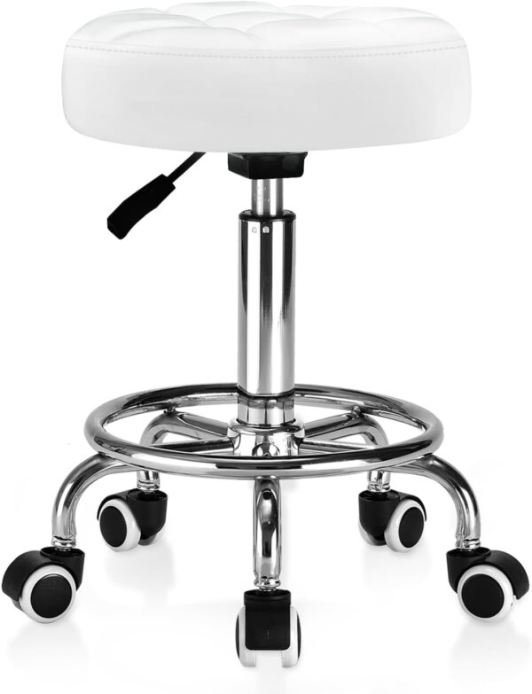 Rolling Stool PU Leather Round - Ultra Soft Padded Seat Cushion Stool with Wheels with Footrest, Weight Capacity 300lb,Adjustable Height Stool for Tattoo Massage Salon Medical Spa Center (Black1)