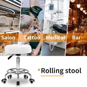 Rolling Stool PU Leather Round - Ultra Soft Padded Seat Cushion Stool with Wheels with Footrest, Weight Capacity 300lb,Adjustable Height Stool for Tattoo Massage Salon Medical Spa Center (Black1)