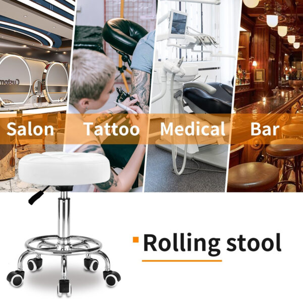 Rolling Stool PU Leather Round - Ultra Soft Padded Seat Cushion Stool with Wheels with Footrest, Weight Capacity 300lb,Adjustable Height Stool for Tattoo Massage Salon Medical Spa Center (Black1)