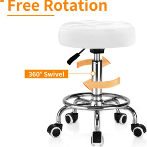 Rolling Stool PU Leather Round - Ultra Soft Padded Seat Cushion Stool with Wheels with Footrest, Weight Capacity 300lb,Adjustable Height Stool for Tattoo Massage Salon Medical Spa Center (Black1)