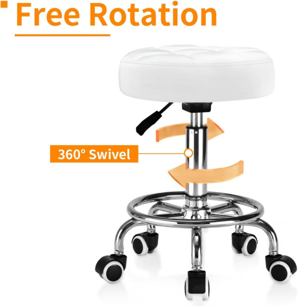 Rolling Stool PU Leather Round - Ultra Soft Padded Seat Cushion Stool with Wheels with Footrest, Weight Capacity 300lb,Adjustable Height Stool for Tattoo Massage Salon Medical Spa Center (Black1)