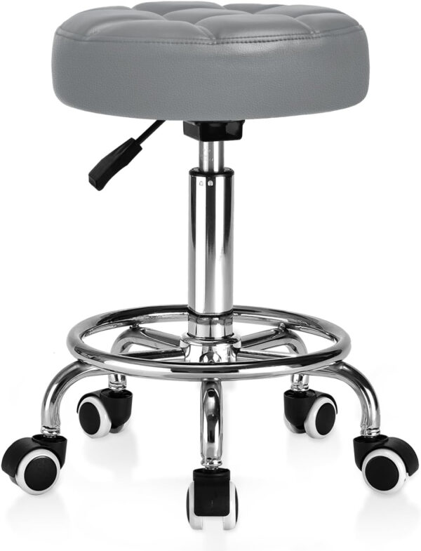 Rolling Stool PU Leather Round - Ultra Soft Padded Seat Cushion Stool with Wheels with Footrest, Weight Capacity 300lb,Adjustable Height Stool for Tattoo Massage Salon Medical Spa Center (Black1)
