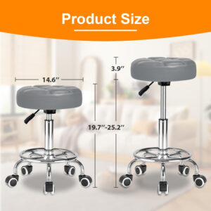 Rolling Stool PU Leather Round - Ultra Soft Padded Seat Cushion Stool with Wheels with Footrest, Weight Capacity 300lb,Adjustable Height Stool for Tattoo Massage Salon Medical Spa Center (Black1)