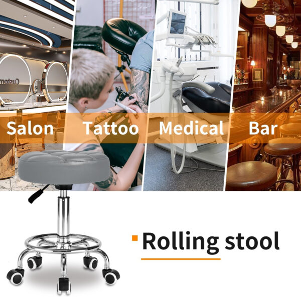 Rolling Stool PU Leather Round - Ultra Soft Padded Seat Cushion Stool with Wheels with Footrest, Weight Capacity 300lb,Adjustable Height Stool for Tattoo Massage Salon Medical Spa Center (Black1)