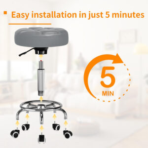 Rolling Stool PU Leather Round - Ultra Soft Padded Seat Cushion Stool with Wheels with Footrest, Weight Capacity 300lb,Adjustable Height Stool for Tattoo Massage Salon Medical Spa Center (Black1)