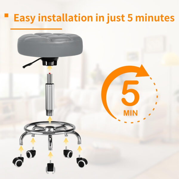 Rolling Stool PU Leather Round - Ultra Soft Padded Seat Cushion Stool with Wheels with Footrest, Weight Capacity 300lb,Adjustable Height Stool for Tattoo Massage Salon Medical Spa Center (Black1)