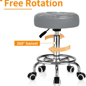 Rolling Stool PU Leather Round - Ultra Soft Padded Seat Cushion Stool with Wheels with Footrest, Weight Capacity 300lb,Adjustable Height Stool for Tattoo Massage Salon Medical Spa Center (Black1)