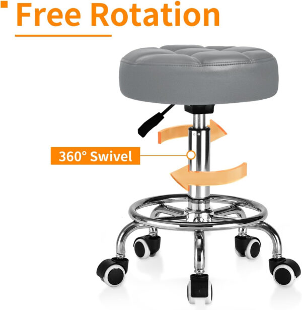 Rolling Stool PU Leather Round - Ultra Soft Padded Seat Cushion Stool with Wheels with Footrest, Weight Capacity 300lb,Adjustable Height Stool for Tattoo Massage Salon Medical Spa Center (Black1)