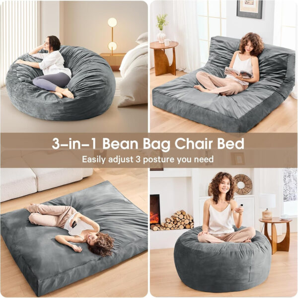 Bean Bag Chairs for Adults - Giant Bean Bag Chair Convertible Bean Bag Bed - Beanbag Chair with Micro Fiber Cover/Furniture Foam Filler - Floor Couch Sofa in Bedroom Dorm Room - Full Charcoal