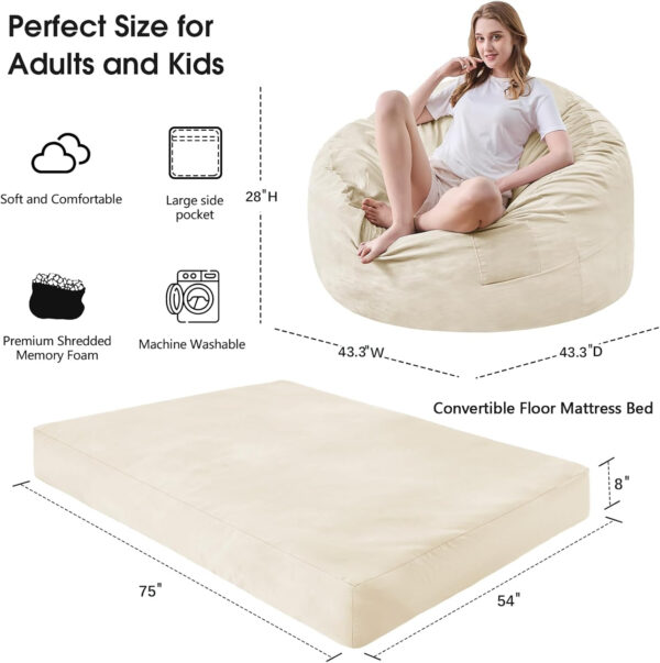 Bean Bag Chairs for Adults - Giant Bean Bag Chair Convertible Bean Bag Bed - Beanbag Chair with Micro Fiber Cover/Furniture Foam Filler - Floor Couch Sofa in Bedroom Dorm Room - Full Charcoal