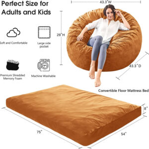 Bean Bag Chairs for Adults - Giant Bean Bag Chair Convertible Bean Bag Bed - Beanbag Chair with Micro Fiber Cover/Furniture Foam Filler - Floor Couch Sofa in Bedroom Dorm Room - Full Charcoal