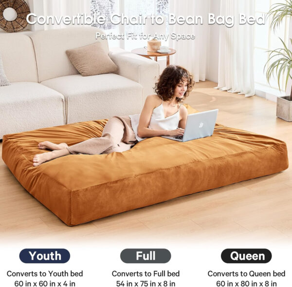 Bean Bag Chairs for Adults - Giant Bean Bag Chair Convertible Bean Bag Bed - Beanbag Chair with Micro Fiber Cover/Furniture Foam Filler - Floor Couch Sofa in Bedroom Dorm Room - Full Charcoal