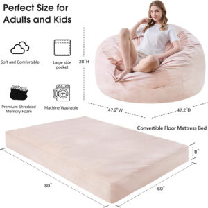 Bean Bag Chairs for Adults - Giant Bean Bag Chair Convertible Bean Bag Bed - Beanbag Chair with Micro Fiber Cover/Furniture Foam Filler - Floor Couch Sofa in Bedroom Dorm Room - Full Charcoal