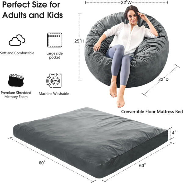 Bean Bag Chairs for Adults - Giant Bean Bag Chair Convertible Bean Bag Bed - Beanbag Chair with Micro Fiber Cover/Furniture Foam Filler - Floor Couch Sofa in Bedroom Dorm Room - Full Charcoal