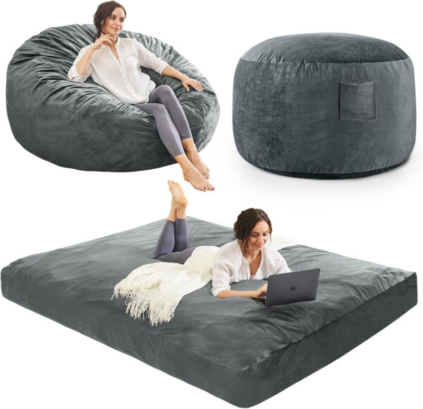 Bean Bag Chairs for Adults - Giant Bean Bag Chair Convertible Bean Bag Bed - Beanbag Chair with Micro Fiber Cover/Furniture Foam Filler - Floor Couch Sofa in Bedroom Dorm Room - Full Charcoal
