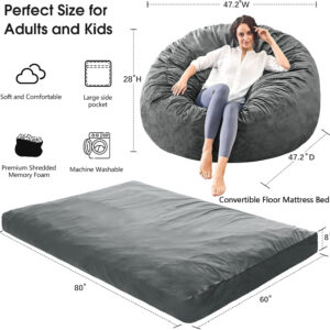Bean Bag Chairs for Adults - Giant Bean Bag Chair Convertible Bean Bag Bed - Beanbag Chair with Micro Fiber Cover/Furniture Foam Filler - Floor Couch Sofa in Bedroom Dorm Room - Full Charcoal