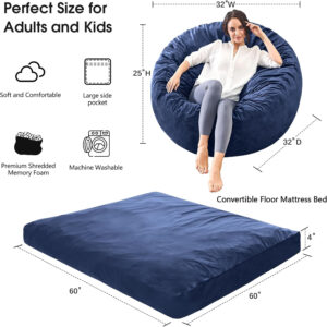 Bean Bag Chairs for Adults - Giant Bean Bag Chair Convertible Bean Bag Bed - Beanbag Chair with Micro Fiber Cover/Furniture Foam Filler - Floor Couch Sofa in Bedroom Dorm Room - Full Charcoal