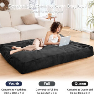 Bean Bag Chairs for Adults - Giant Bean Bag Chair Convertible Bean Bag Bed - Beanbag Chair with Micro Fiber Cover/Furniture Foam Filler - Floor Couch Sofa in Bedroom Dorm Room - Full Charcoal
