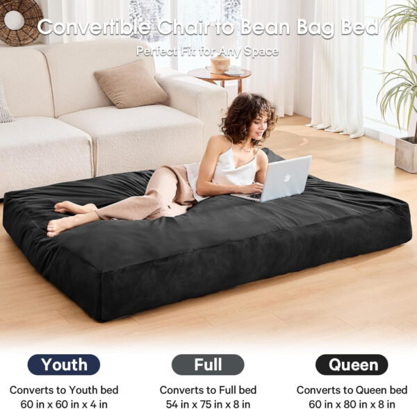 Bean Bag Chairs for Adults - Giant Bean Bag Chair Convertible Bean Bag Bed - Beanbag Chair with Micro Fiber Cover/Furniture Foam Filler - Floor Couch Sofa in Bedroom Dorm Room - Full Charcoal