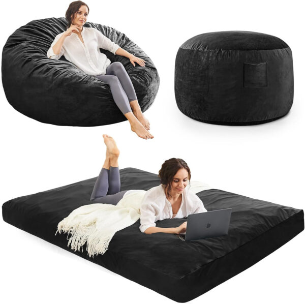 Bean Bag Chairs for Adults - Giant Bean Bag Chair Convertible Bean Bag Bed - Beanbag Chair with Micro Fiber Cover/Furniture Foam Filler - Floor Couch Sofa in Bedroom Dorm Room - Full Charcoal