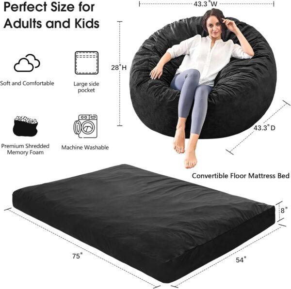 Bean Bag Chairs for Adults - Giant Bean Bag Chair Convertible Bean Bag Bed - Beanbag Chair with Micro Fiber Cover/Furniture Foam Filler - Floor Couch Sofa in Bedroom Dorm Room - Full Charcoal