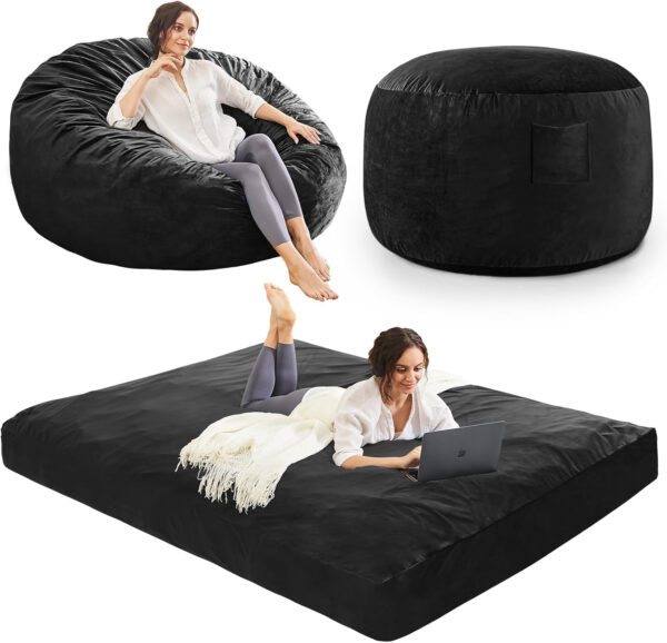 Bean Bag Chairs for Adults - Giant Bean Bag Chair Convertible Bean Bag Bed - Beanbag Chair with Micro Fiber Cover/Furniture Foam Filler - Floor Couch Sofa in Bedroom Dorm Room - Full Charcoal