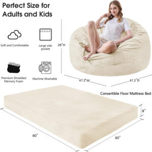 Bean Bag Chairs for Adults - Giant Bean Bag Chair Convertible Bean Bag Bed - Beanbag Chair with Micro Fiber Cover/Furniture Foam Filler - Floor Couch Sofa in Bedroom Dorm Room - Full Charcoal
